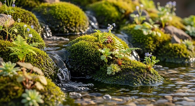 Moss-covered rocks in a stream create a serene natural scene.