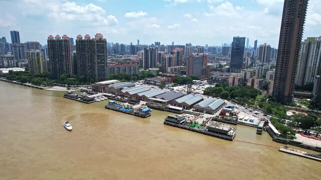 Guangzhou Haizhu District Dajing Waterfront Aerial View with High-Rise Buildings and Pearl River Boats