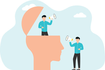 Speak to brainwash. Businessman shouting through megaphone at human head
