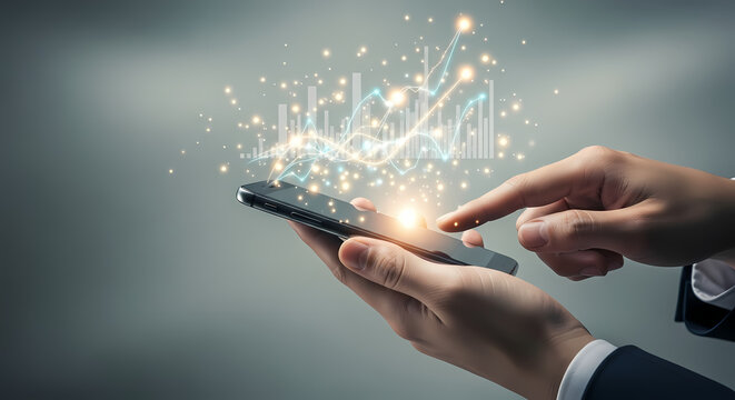 A person's hands holding a smartphone with a glowing financial graph overlay, symbolizing business growth and digital technology.
