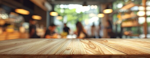 The Wooden Table in a Warm Blurred Cafe Interior Ready for Food Photography