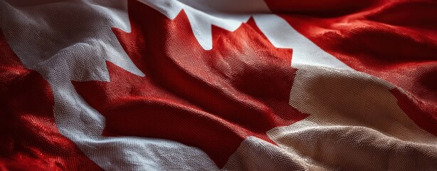 The Canadian flag waving in dramatic light with textured fabric close-up