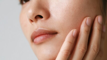 Close-up of a woman’s face, showcasing flawless skin and gentle touch for beauty and skincare concepts