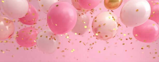 The Balloons Floating Over a Pink Confetti Shower for Elegant Party and Celebration