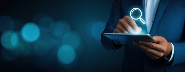 The Tablet with Holographic Search Icon in Businessman's Hands for Digital Analytics