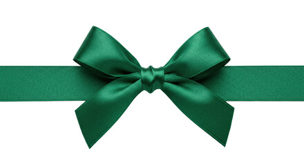 Rich emerald green satin ribbon, meticulously tied into an elegant bow, subtle sheen, finely stitched edges, on a bright white background with copy space, Concept of luxurious gift-giving and