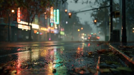 Rainy city street with colorful neon reflections on wet asphalt during a calm evening creating a cinematic urban mood ideal for modern design backdrops and travel visuals