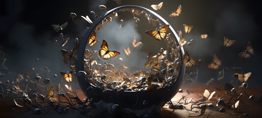 a broken egg with lots of spiders and butterflies coming out of it.,generative AI