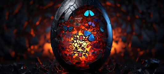 a broken egg with lots of spiders and butterflies coming out of it.,generative AI