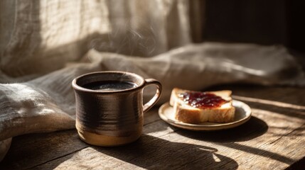 Warm morning scene with a ceramic cup of hot coffee and toast with berry jam on a rustic wooden table in soft sunlight perfect for breakfast visuals and cozy food backgrounds