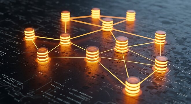 Decentralized database network concept with glowing nodes and connection lines