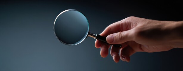 The Magnifying Glass Held by a Human Hand Over a Dark Background