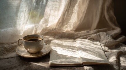 Cup of hot coffee beside open notebook on linen fabric in soft morning sunlight perfect for cozy home atmosphere writing inspiration and peaceful lifestyle visuals