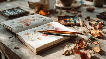 Artistic sketchbook with botanical watercolor drawings surrounded by autumn leaves and pencils on rustic wooden table perfect for creativity art and seasonal visuals
