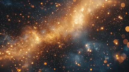Abstract Luminous Gold and Blue Nebula with Sparkling Bokeh Lights and Glittering Particles, Creating a Magical Cosmic Background