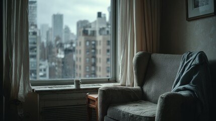Cozy urban apartment interior with soft armchair and blanket by large window overlooking modern city skyline on cloudy morning perfect for lifestyle and home design visuals