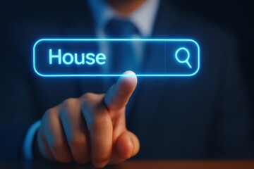Obraz premium International real estate investment. A person points at a glowing search bar displaying the word 