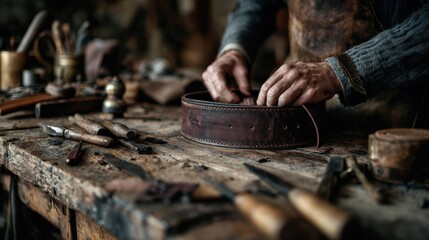 Close-up of craftsman working with leather belt and vintage tools on wooden workbench in warm light perfect for artisan handmade craft and workshop visuals