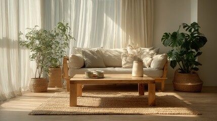 Bright minimal living room interior with beige sofa wooden table and green houseplants in soft daylight perfect for modern home design and cozy Scandinavian style visuals