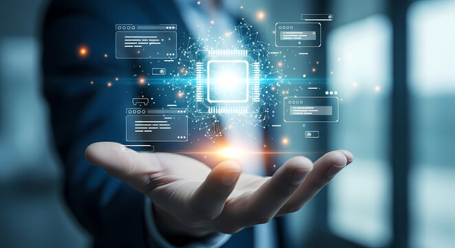 A businessman's hand presents a futuristic digital interface, showcasing data processing and technological advancements in a modern, innovative concept.