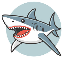 Obraz premium Cartoon great white shark mascot swimming with an open mouth and sharp teeth