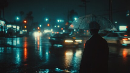 Silhouette of person with transparent umbrella standing on rainy street with colorful car lights at night perfect for cinematic urban loneliness and reflection visuals