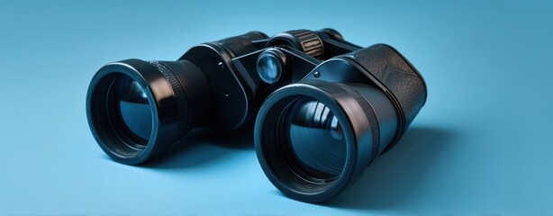 The binoculars on a blue background with reflections and vintage metallic finish