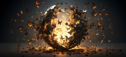 a broken egg with lots of spiders and butterflies coming out of it.,generative AI