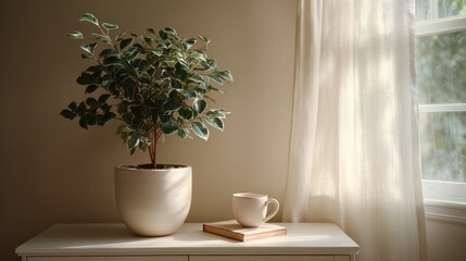 Minimal still life with green houseplant white mug and book on wooden table in soft daylight perfect for calm lifestyle natural home and aesthetic interior visuals