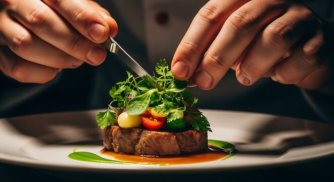 Chef precisely plating gourmet meat dish with fresh microgreens and vegetables in an elegant fine di.jpg