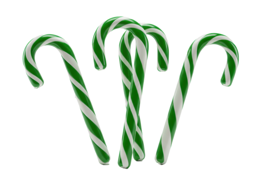 Four classic candy canes with bright green and white helical stripes, glossy, J-hook shape, on a transparent studio background with copy space, festive Christmas and New Year holiday mood