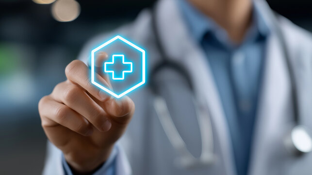 Closeup View of Physician Hand Grasping Stethoscope Surrounded by Floating Medical Interface Icons Representing Advanced Hospital Technology, Digital Diagnostics, and Connected Healthcare Systems - Powered by Adobe