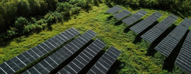 The Solar Panels Array in a Lush Green Field from Aerial View