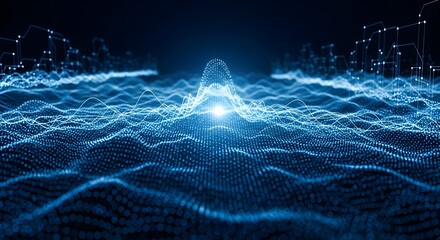 Abstract blue landscape with glowing lines and dots representing data visualization and technology