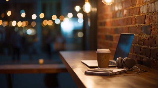 Modern cafe interior with laptop coffee cup and headphones on counter near window at night illuminated by warm bokeh lights urban work atmosphere