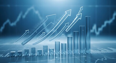 Naklejka premium Blue background with rising arrows and bar graph showing financial growth concept image design