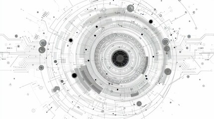 Intricate technological and futuristic design featuring connected circuits and a circular arrangement. It showcases a modern digital interface and network connection