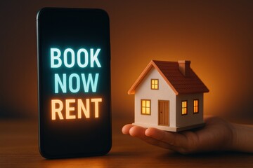 International real estate investment. A smartphone displays "Book Now" while a hand holds a small house model, symbolizing rental services.