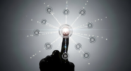 A hand interacts with a digital interface, activating a network of connections and data points, symbolizing technology and innovation.