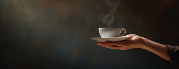 The Cup of Steaming Coffee on a Saucer Held by an Outstretched Hand