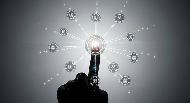 A hand interacts with a digital interface, activating a network of connections and data points, symbolizing technology and innovation.