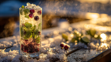 A tall glass filled with a sparkling beverage features mint leaves, berries, and citrus slices. Sunshine creates a warm glow on the table covered in ice and snow.