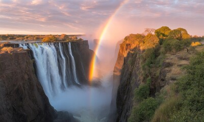 Fototapeta premium Majestic waterfall with vibrant rainbow at sunrise