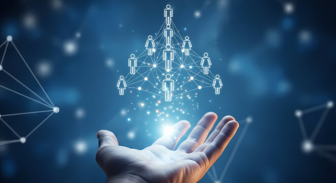 A human hand supports a digital network of people, representing connection, communication, and technological advancement in a modern world.