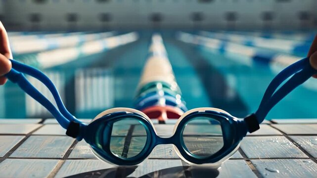 A pair of blue swimming goggles held in front of a swimming pool with clear lane lines, ready for a swim.