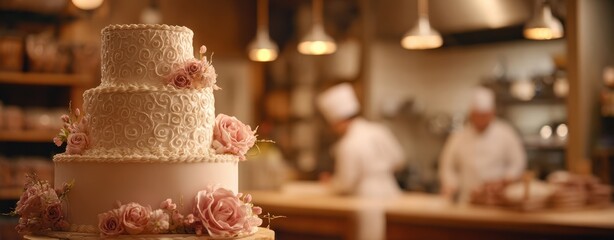 The Cake Three-Tiered Floral Wedding Cake Displayed in Warm Busy Bakery Kitchen