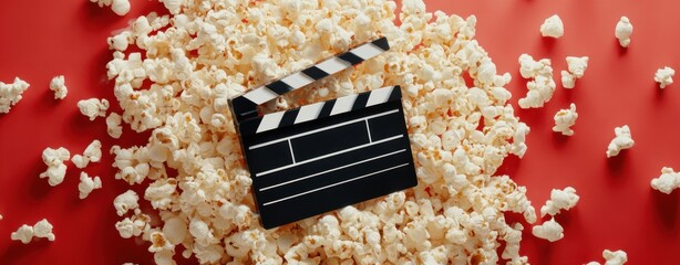 The Popcorn and Clapperboard on a Red Background for Movie Night