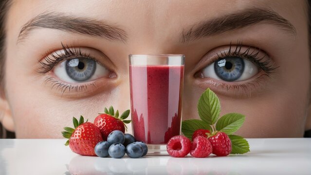 Berry Smoothie Eye Health berry smoothie eye health berry smoothie eye health concept with woman’s eyes, fresh strawberries blueberries raspberries and antioxidant drink. - Powered by Adobe