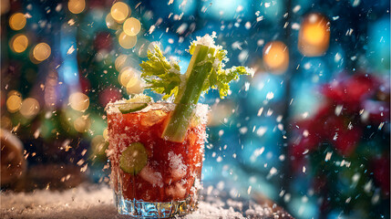 A refreshing blody mary with celery and lime sits on a table in a cozy winter scene. Snowflakes gently fall, creating a magical holiday atmosphere filled with lights.