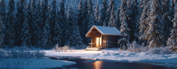 The Cabin in a Snowy Pine Forest Glowing Warmly by Frozen Lakeshore